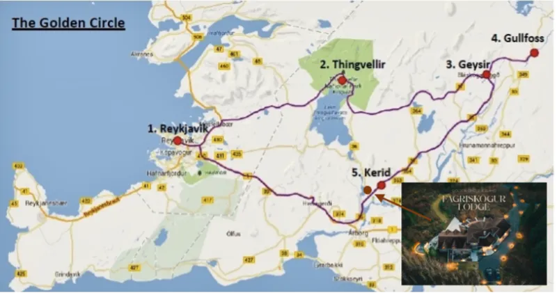 Map of the Golden Circle: Reykjavík, Thingvellir, Geysir, Gullfoss and Kerid, with Fagriskógur Lodge